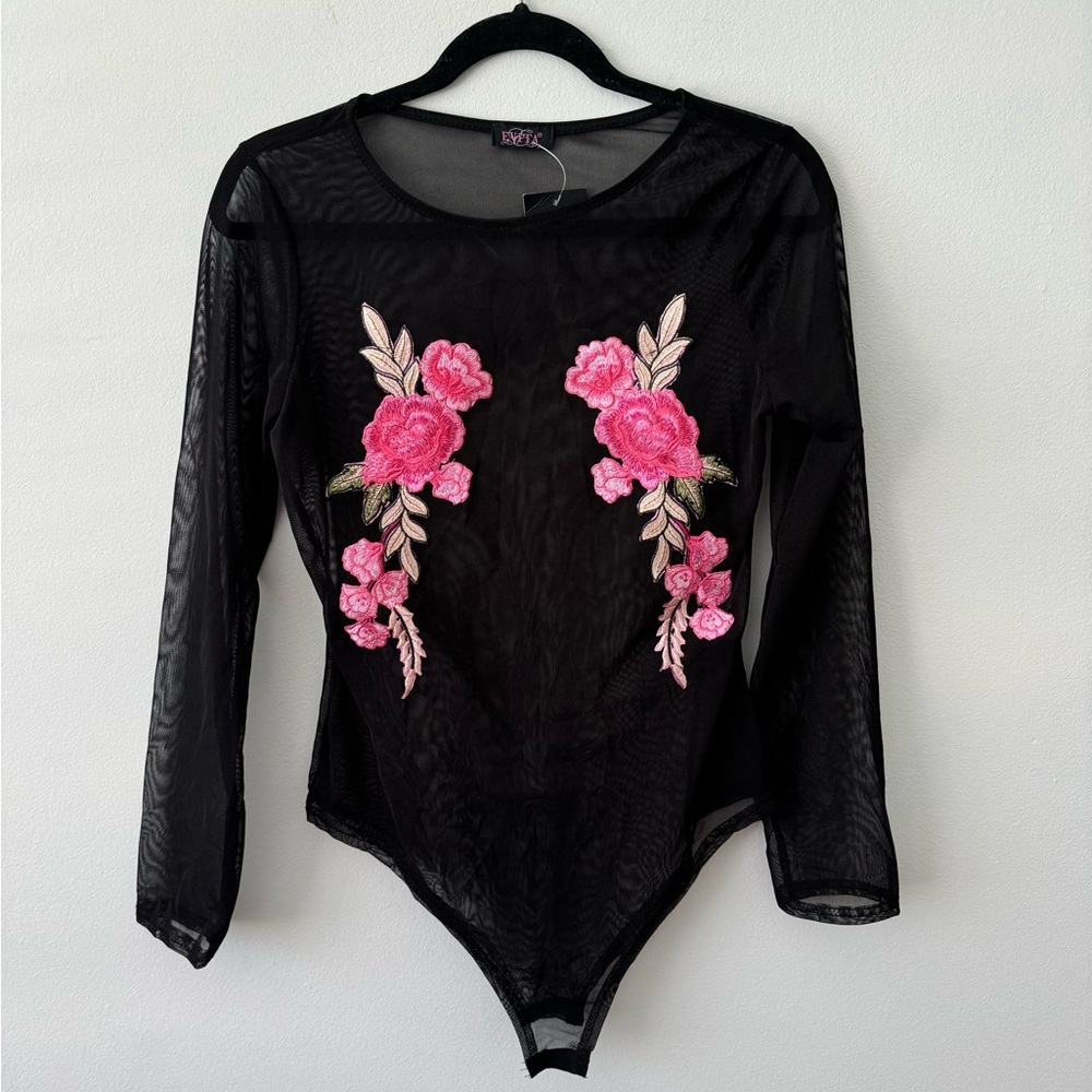 Black sheer, long sleeve bodysuit with embroidery new with tag